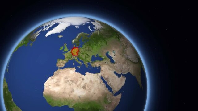 Animated globe zooming to highlight Germany with national flag and country data infographic