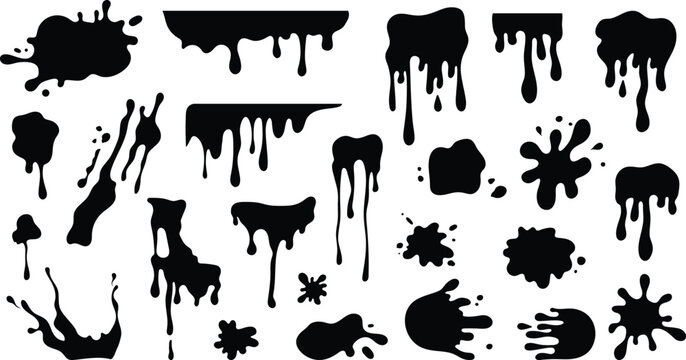 Set of black paint dripping liquid ink splashes on transparent background vector illustration flat silhouette elements for dark design