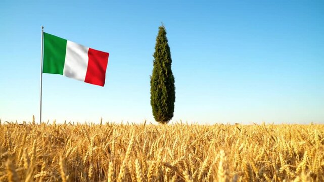 Italian Flag Waving in Golden Wheat Field with Cypress Tree
