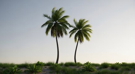 Fototapeta premium Tropical palm trees on sandy shoreline with grassy vegetation
