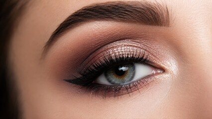 Fototapeta premium Close-up hazel eye with shimmery pink-bronze eyeshadow, winged eyeliner, voluminous lashes and sculpted eyebrow showcasing detailed beauty makeup