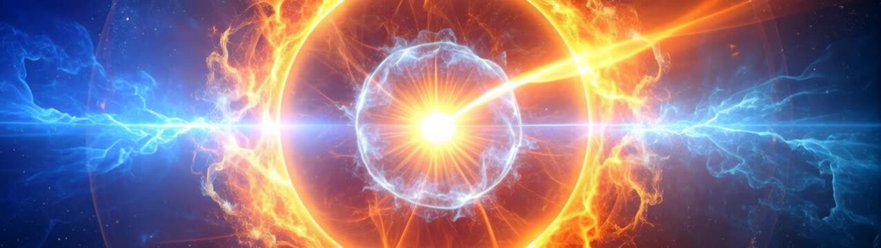 Celestial core radiating ethereal light and generating powerful plasma beams throughout the universe, depicting cosmic power.