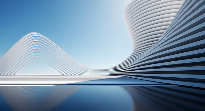 Futuristic architecture with wavy facades and reflective pool architecture futuristic building geometric abstract structure exterior minimalist contemporary skyscrapers business cityscape