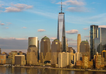 Fototapeta premium New York City skyline with skyscrapers. Manhattan aerial cityscape in NYC New York. New York downtown panorama. NYC Manhattan skyline.