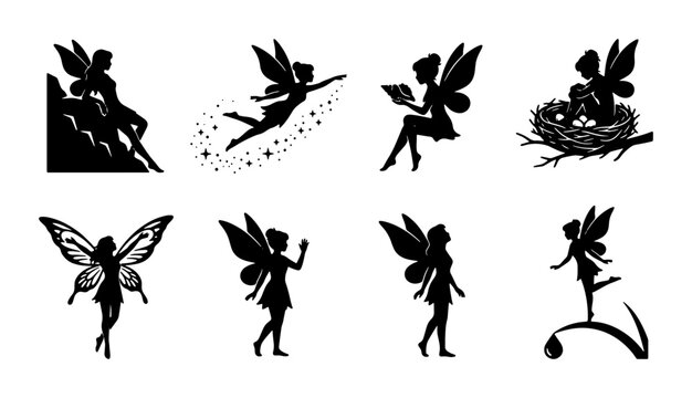 Enchanting Fairy Silhouettes Collection, Magical Winged Beings Vector Set, Mythical Creatures for Fantasy Designs, Whimsical Illustrations
