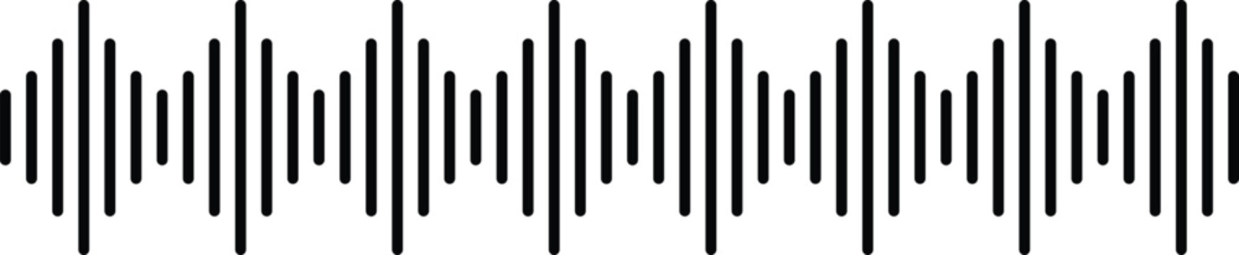 Podcast sound wave patterns with black vertical bars for audio visualization and recording interface. Digital frequency lines for music or voice display. Equalizer graphics for media player design.