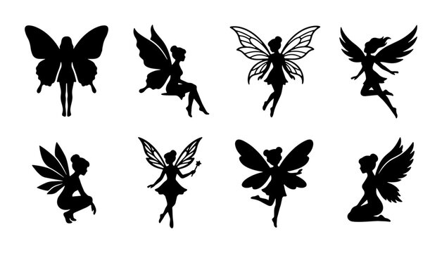 Elegant Fairy Silhouettes, Enchanting Winged Beings, Mythical Creature Vector Icons, Magical Fantasy Elements for Design