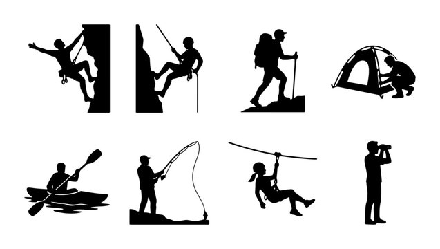 Outdoor Adventure Silhouettes: Rock Climbing, Hiking, Kayaking, Fishing, Camping, and Exploration Icons Set