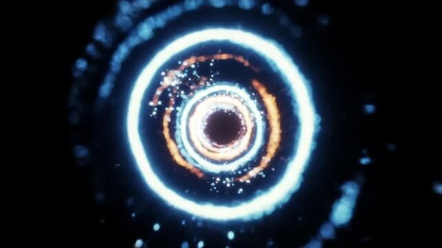 Glowing blue and gold particle rings in dark abstract space