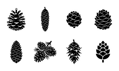 Set of 8 Black Pine Cone Vector Icons, Forest Elements, Nature Graphics, Botanical Illustrations for Seasonal Design © Abrar