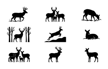 Naklejka premium Deer Silhouette Collection, Wildlife Vector Icons, Forest Animals Graphics, Nature Scene Elements, Hunting Symbols, Majestic Stag and Doe Illustrations
