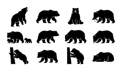 Diverse Bear Silhouettes Collection, Grizzly & Cub Poses, Wildlife Vector Icons for Nature and Animal Graphics © Afrina