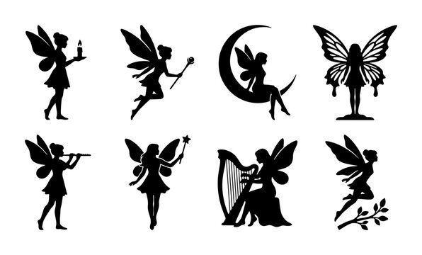 Magical Fairy Silhouettes Collection, Enchanting Fantasy Winged Beings, Celestial Moon Dancers, Musical Mythical Creatures, Vector Icons for Storytelling and Design