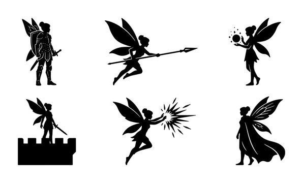 Fairy Warrior Silhouettes: Magical Female Figures with Wings, Swords, Spears, and Magic Spells, Set of 6 Vector Icons for Fantasy Graphics