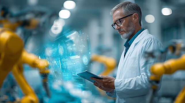 Engineer in lab coat examines tablet amidst industrial robots in a factory setting.