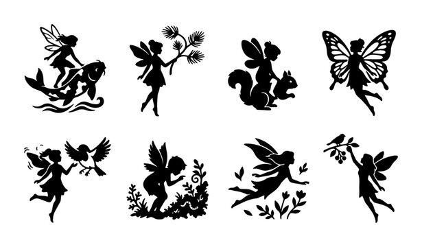 Whimsical Fairy Silhouettes Vector Set: Enchanting Magical Creatures, Nature Elements, and Delicate Designs for Fantasy Graphics