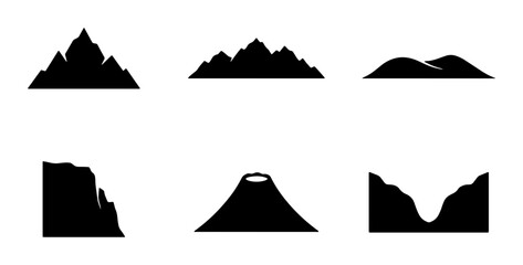 Diverse Mountain Range Silhouettes, Volcanic Peak, Cliff Face, Valley Landscape Icons, Black Vector Graphics for Nature and Adventure Themes © Rupali