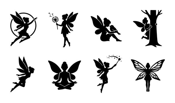 Magical Fairy Silhouettes Collection, Enchanting Fantasy Winged Beings, Whimsical Sprites Vector Icons, Mythical Creatures Set for Enchanted Designs