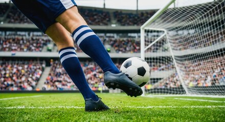Fototapeta premium Close up of soccer player kicking football ball on stadium grass field during match.
