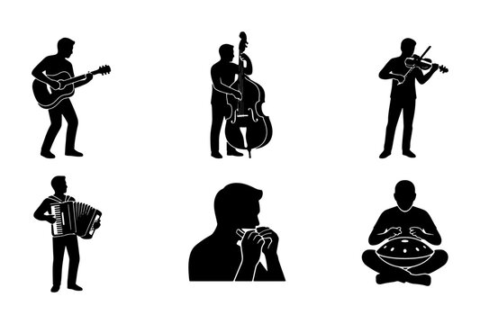 Musician Silhouettes Collection: Guitarist, Bass Player, Violinist, Accordionist, Harmonica Player, Hang Drum Artist, Vector Icons for Music Performance and Entertainment Concepts