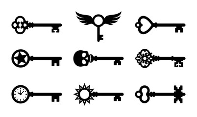 Ornate Vintage Keys Collection, Decorative Antique Skeleton Keys Set, Fantasy Secret Access Symbols, Black Silhouette Vector Icons © Adnan