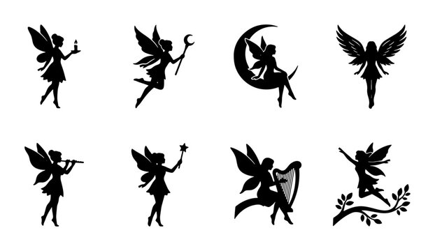 Whimsical Fairy Silhouettes, Magical Enchanted Beings, Mythical Creatures, Fantasy Icons, Vector Set for Enchantment and Dreams