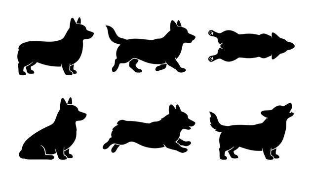 Corgi Dog Silhouettes Collection: Playful Poses, Walking, Sitting, Running, and Rolling Vector Icons for Pet Lovers and Animal Graphics