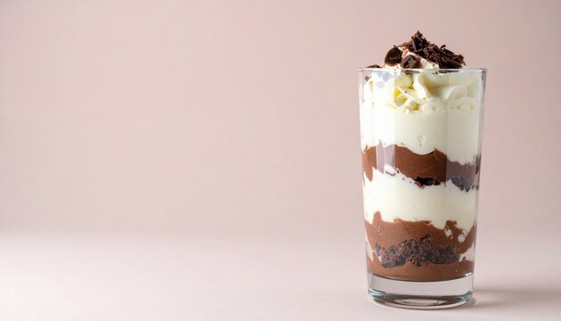 A layered parfait with chocolate and cream on a simple background with large copy space, elegant dessert styling