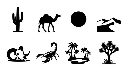 Desert Landscape Icons, Silhouette Collection: Camel, Cactus, Scorpion, Skull, Palm Trees, Joshua Tree, Sun, Dunes - Vector Graphics for Nature and Travel Themes © Zahirul
