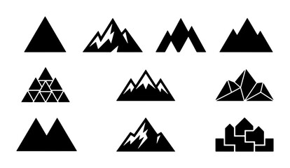 Diverse Mountain Silhouettes Collection, Vector Icons for Adventure and Nature Themes, Minimalist Summit Graphics, Black and White Peaks Set © Rupali