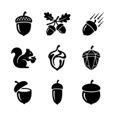 Set of 9 Black Acorn Icons, Vector Graphics: Oak Nuts, Squirrel, Autumn Elements, Nature Symbols for Design © Sirajul