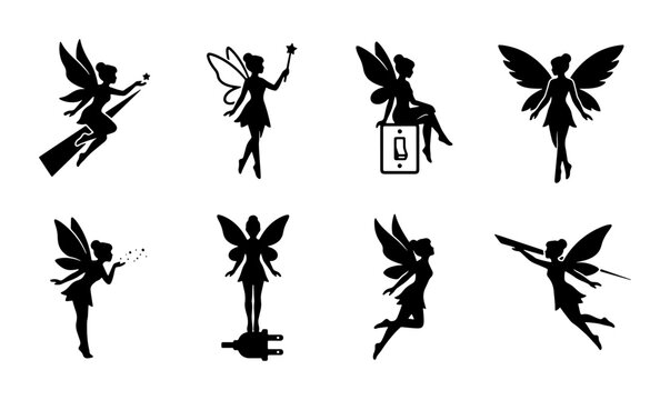 Magical Fairy Silhouettes Collection, Enchanting Winged Beings Vector Set, Fantasy Sprites and Pixies Iconography for Whimsical Designs