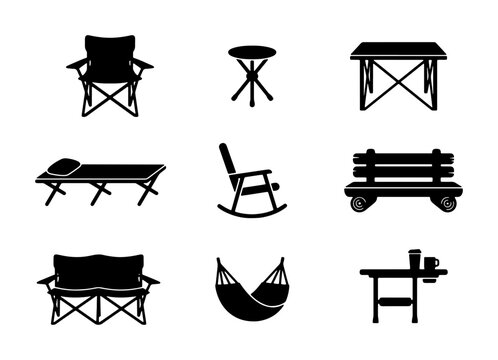 Camping Furniture Icons, Outdoor Seating Vector Set: Folding Chairs, Hammock, Bench, Tables, Cot, Rocking Chair for Recreation and Travel