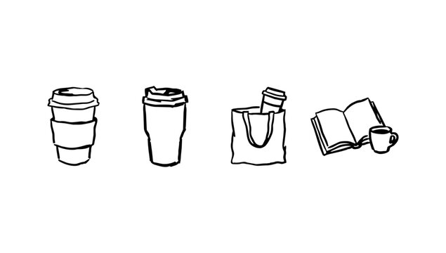 Takeaway beverage doodle line set with cups, paper bag, and open book reading items