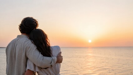 Fototapeta premium Couple embracing on shore watching a golden sunset over a calm ocean horizon