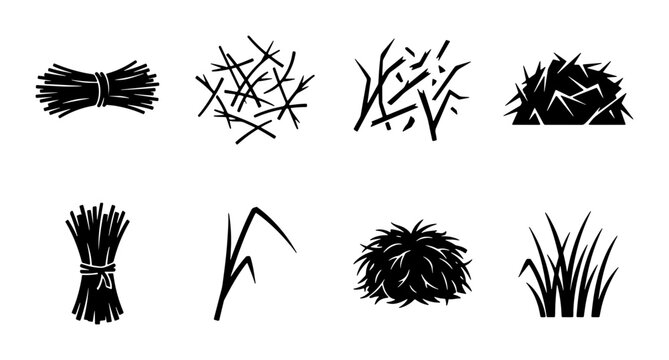 Hay Bale and Grass Icons, Agricultural Harvest Elements, Rural Farm Bundle Graphics, Organic Field Vegetation Symbols