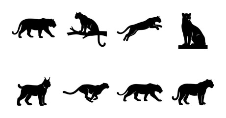 Set of Black Silhouette Big Cats Vector Icons, Wild Animal Poses, Panther, Leopard, Lynx, Cheetah, Safari Wildlife Graphics, Elegant Feline Forms © Sirajul
