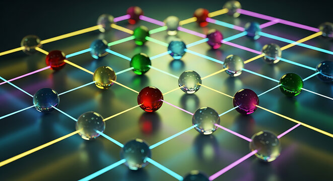 Abstract data network visualization with glowing interconnected glass spheres technology connection communication abstract information internet structure interaction computational