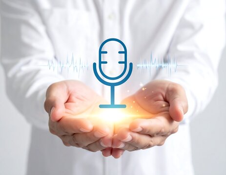 A person in a white shirt holds a glowing blue microphone icon