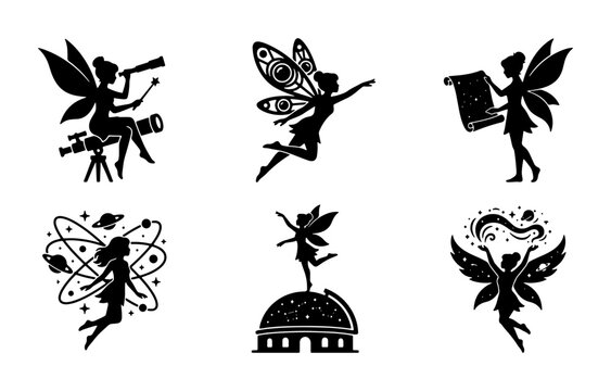 Magical Fairy Silhouettes, Celestial Explorer, Cosmic Dancer, Stargazer, Scroll Reader, Vector Icons for Fantasy and Science Themes