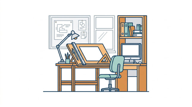 Artists drafting table and computer setup for creative work.
