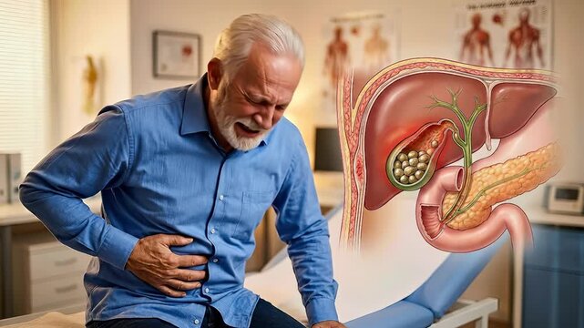 Older man with sharp abdominal discomfort, representing gallbladder disease, gallstones, a painful digestive system ailment, human organ condition, medical health concern