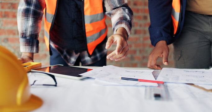 Planning, meeting and hands with blueprint for construction, renovation draft and upgrade strategy. Review, people and architect team with building schematic for remodel, engineering and pointing