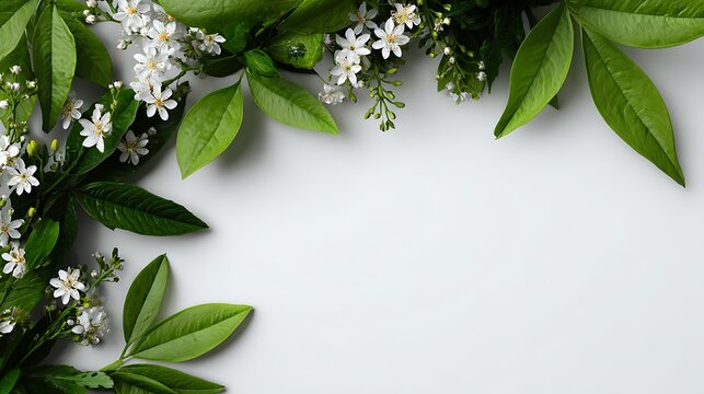 Floral arrangement with green leaves and white flowers on a plain surface background