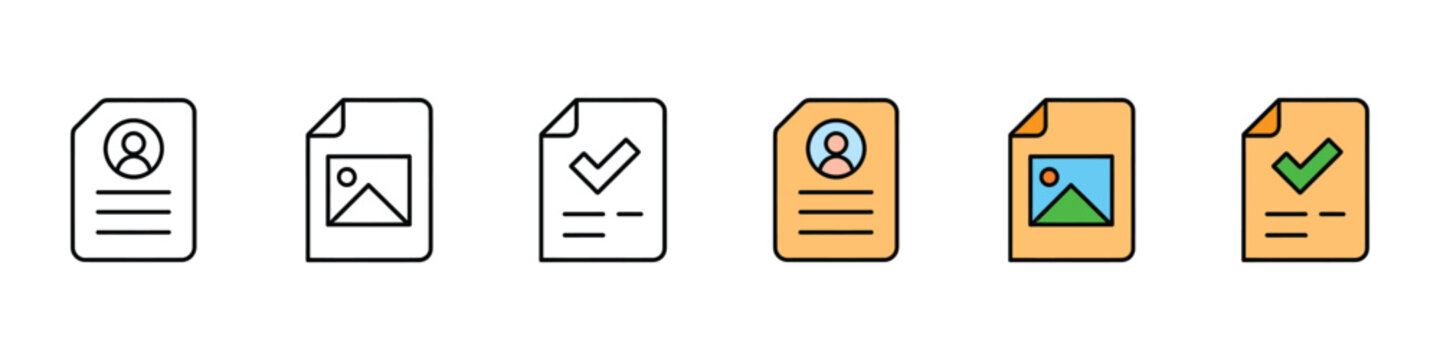 Business document management and user profile media icons. Vector illustration of linear file sheets with checkmark and image signs representing approved corporate CV template.