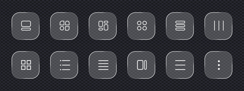 Glassmorphism menu layout and transparent grid list view icons. Vector illustration of glossy glass hamburger button set with linear website interface options representing UI template.