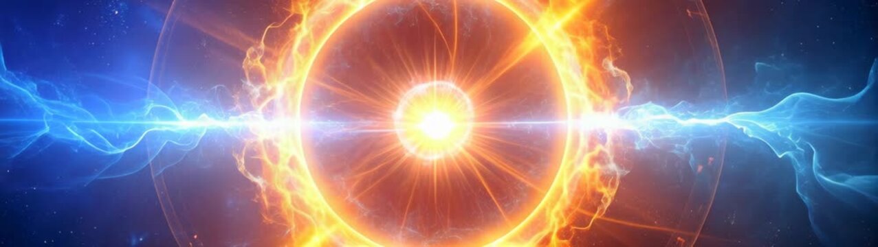 Glowing celestial sphere with concentric rings emitting cosmic waves, plasma rays and starry space phenomena in deep galaxy fields.