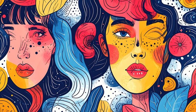 A vibrant illustration of two women's faces surrounded by abstract floral patterns and swirling lines