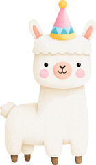 Naklejka premium Cute watercolor llama wearing a party hat isolated on transparent background.