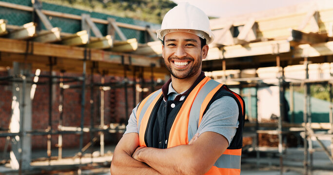 Smile, crossed arms and portrait of man with construction career, confidence and building project. Architecture, contractor and person with ppe for safety compliance, infrastructure and engineering